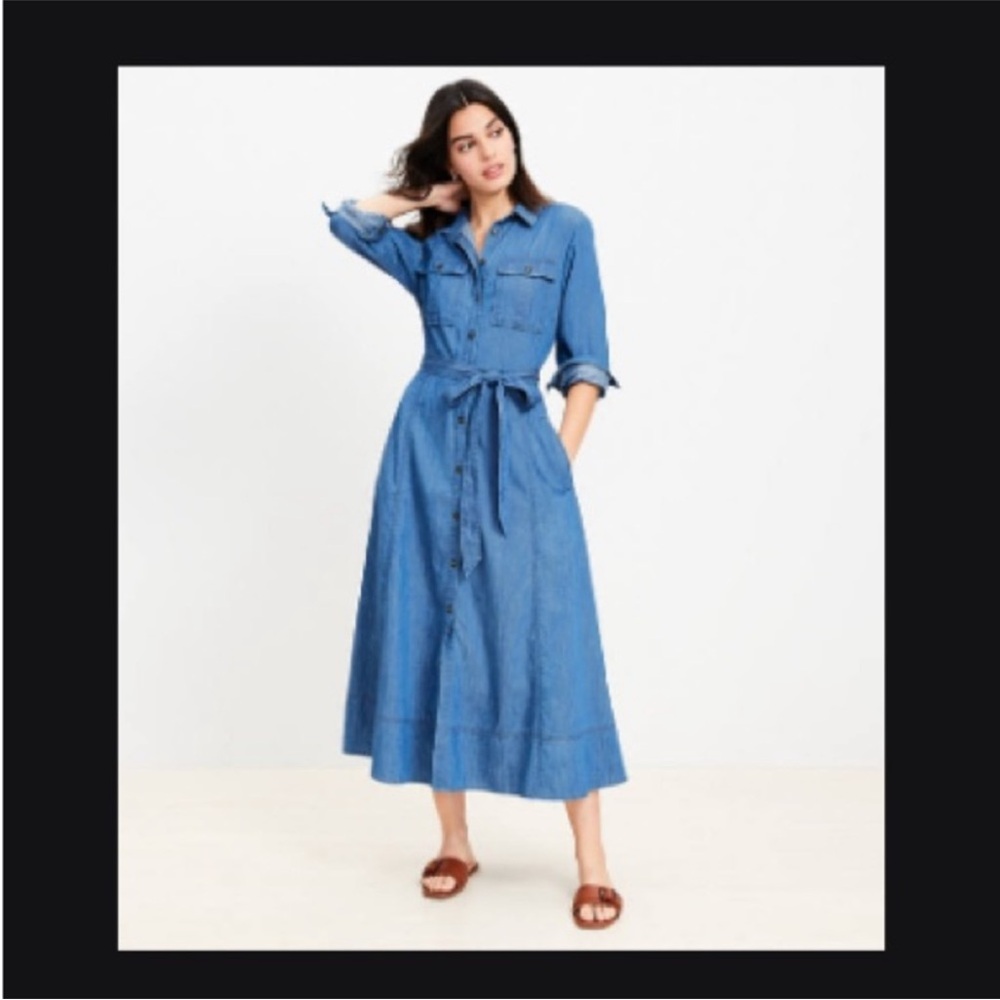 LOFT Blue Chambray Maxi Shirt Dress with Tie Waist